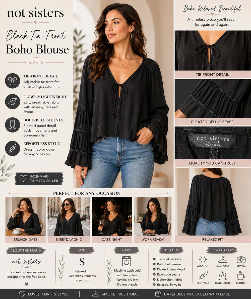 Knot Sisters Black Tie-Front Boho Blouse with Pleated Bell Sleeves